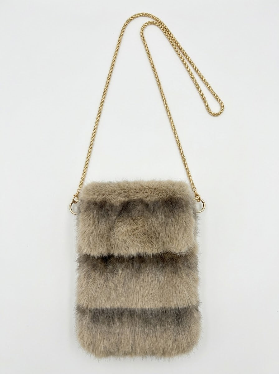 Borsa Tracolla Porta Cellulare Chloe in Ecopelliccia Tortora e Grigio con Catena Dorata