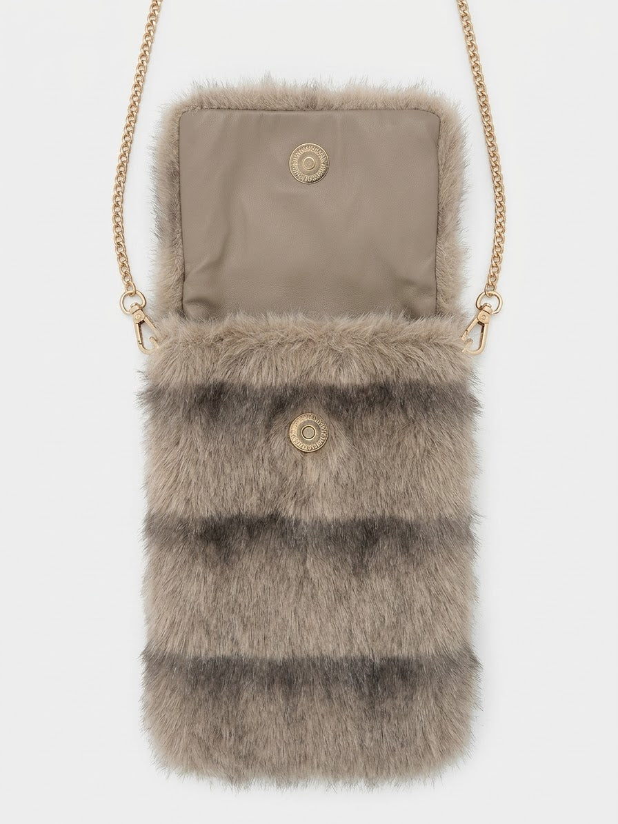 Borsa Tracolla Porta Cellulare Chloe in Ecopelliccia Tortora e Grigio con Catena Dorata
