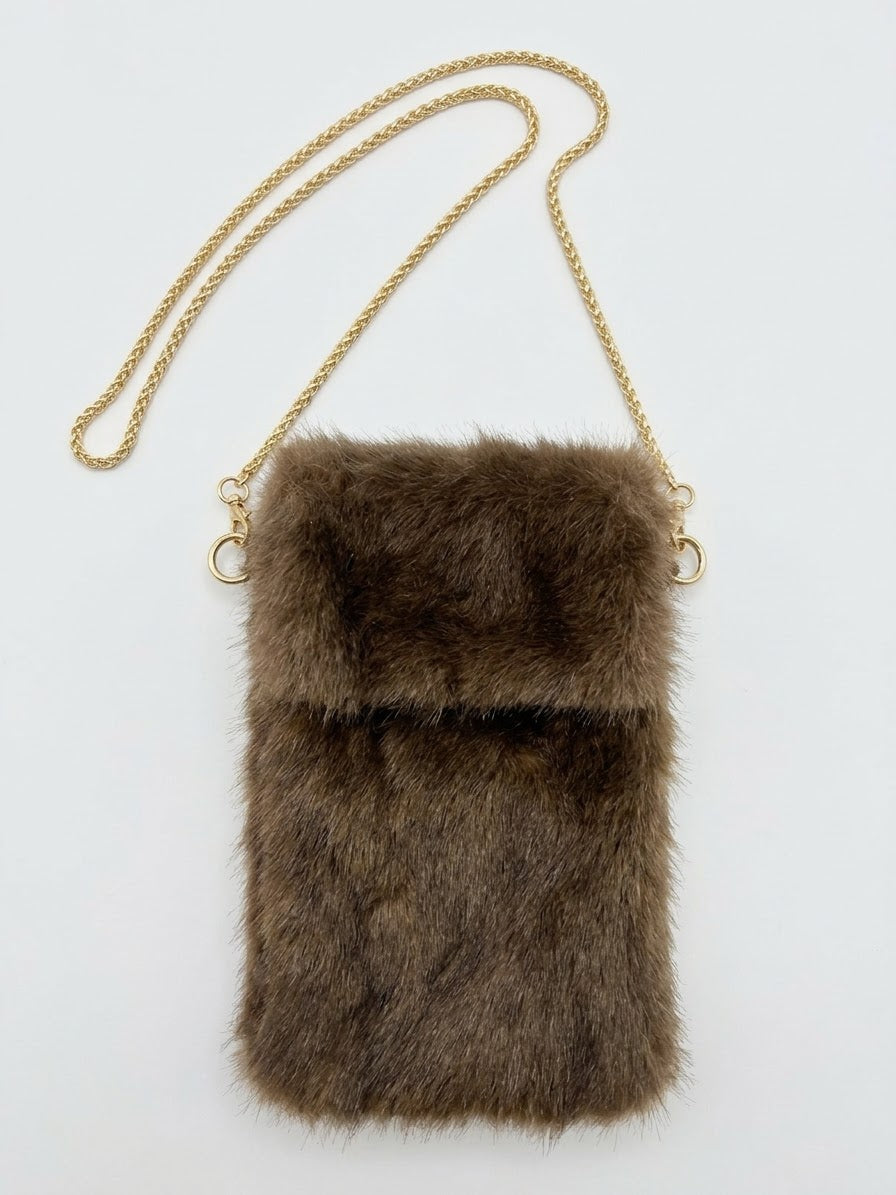 Borsa Tracolla Porta Cellulare Chloe in Ecopelliccia Marrone con Catena Dorata