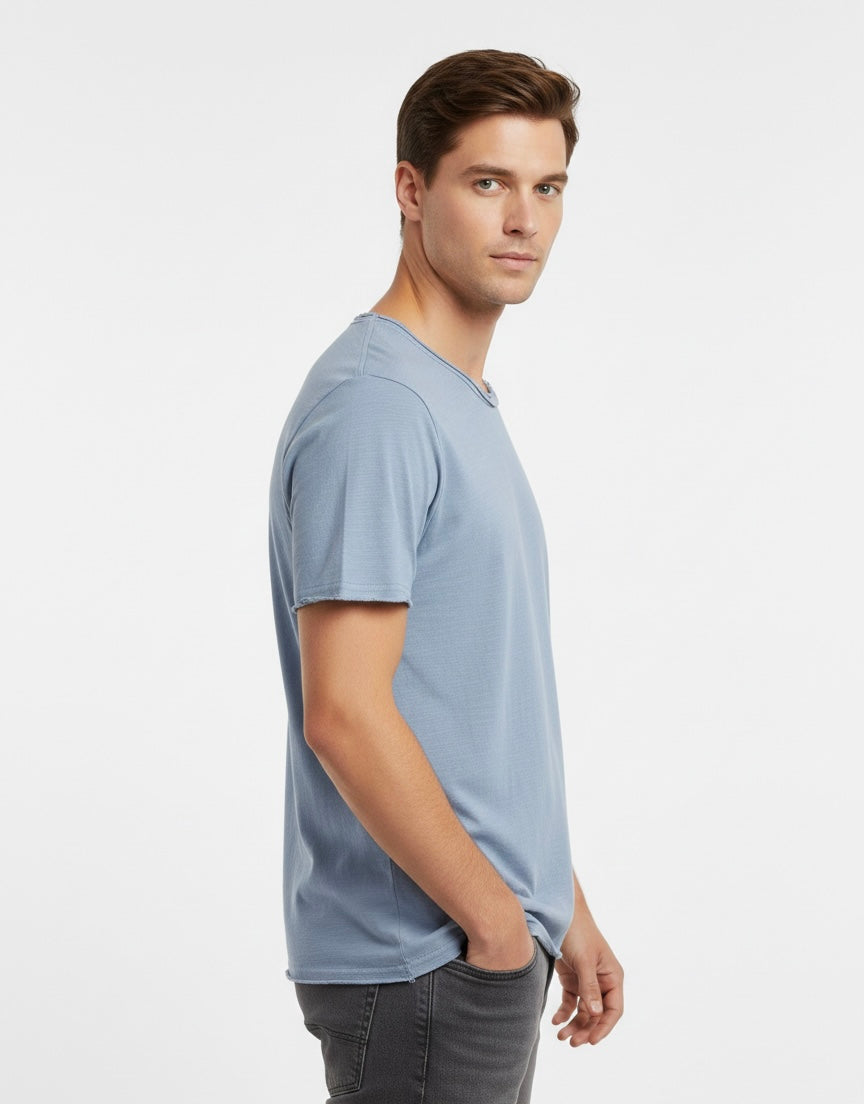 T-Shirt Raw Cut in Cotone Fiammato Azzurro Polvere