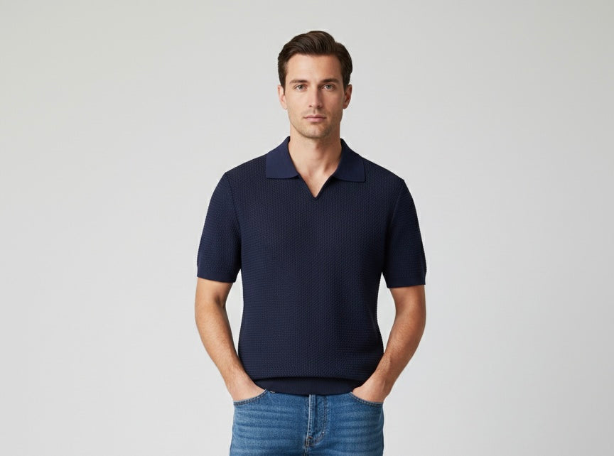 Polo in Maglia a Nido d'Ape Blu Navy