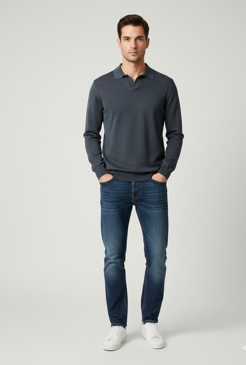 Polo Martinez manica lunga blu in maglia rasata