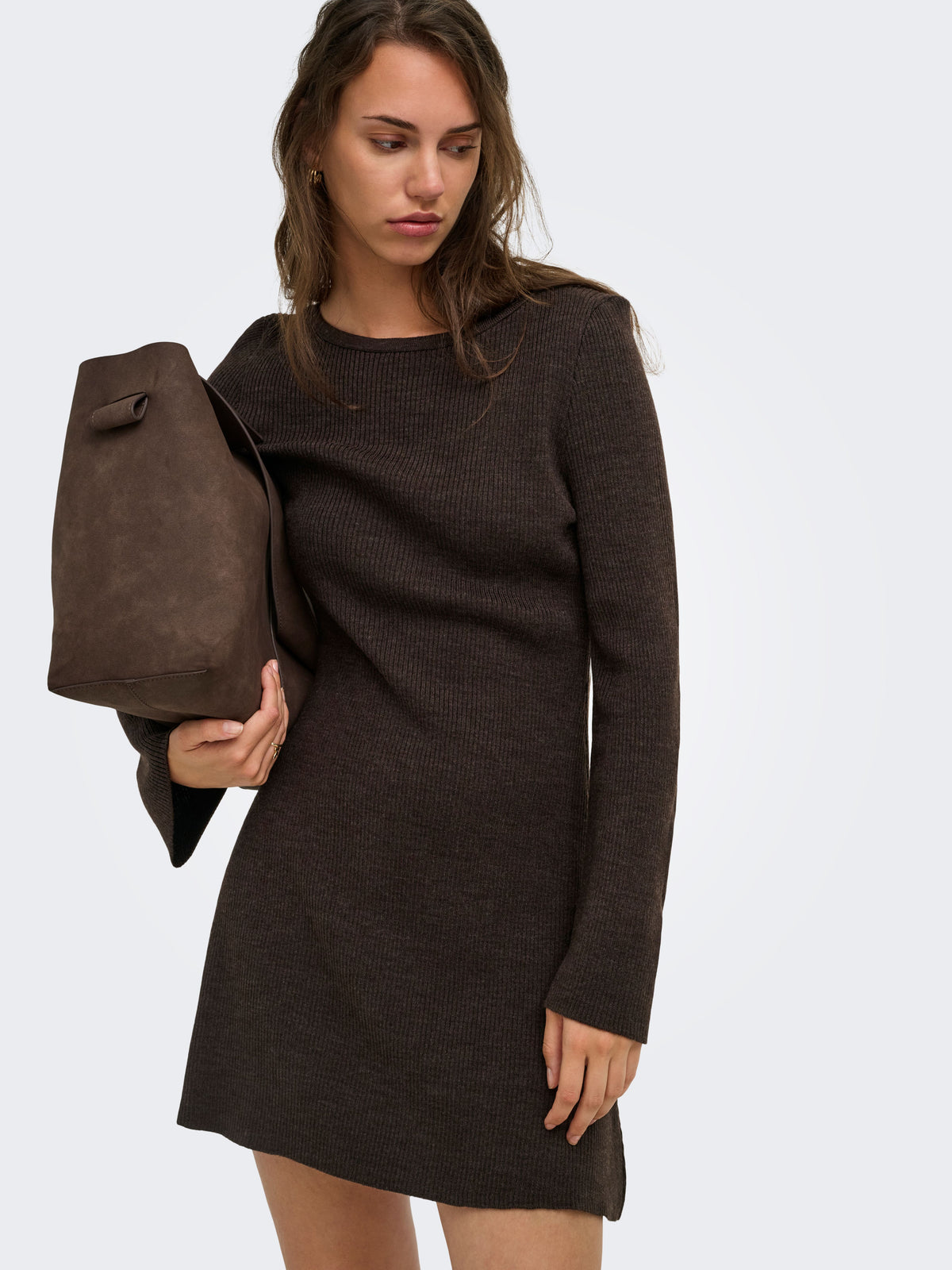 Vestito Only Tessie in Maglia Scollo a Barca Coffee Bean