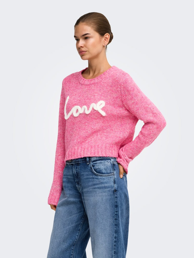 Maglione Donna Girocollo ONLY Milla con Scritta Love Rosa Melange
