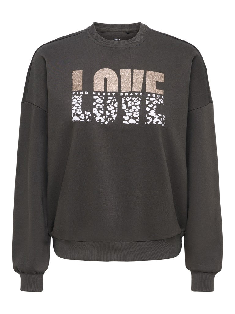 Felpa Girocollo Only Tammie Love Stampa Animalier Grigio Scuro antracite