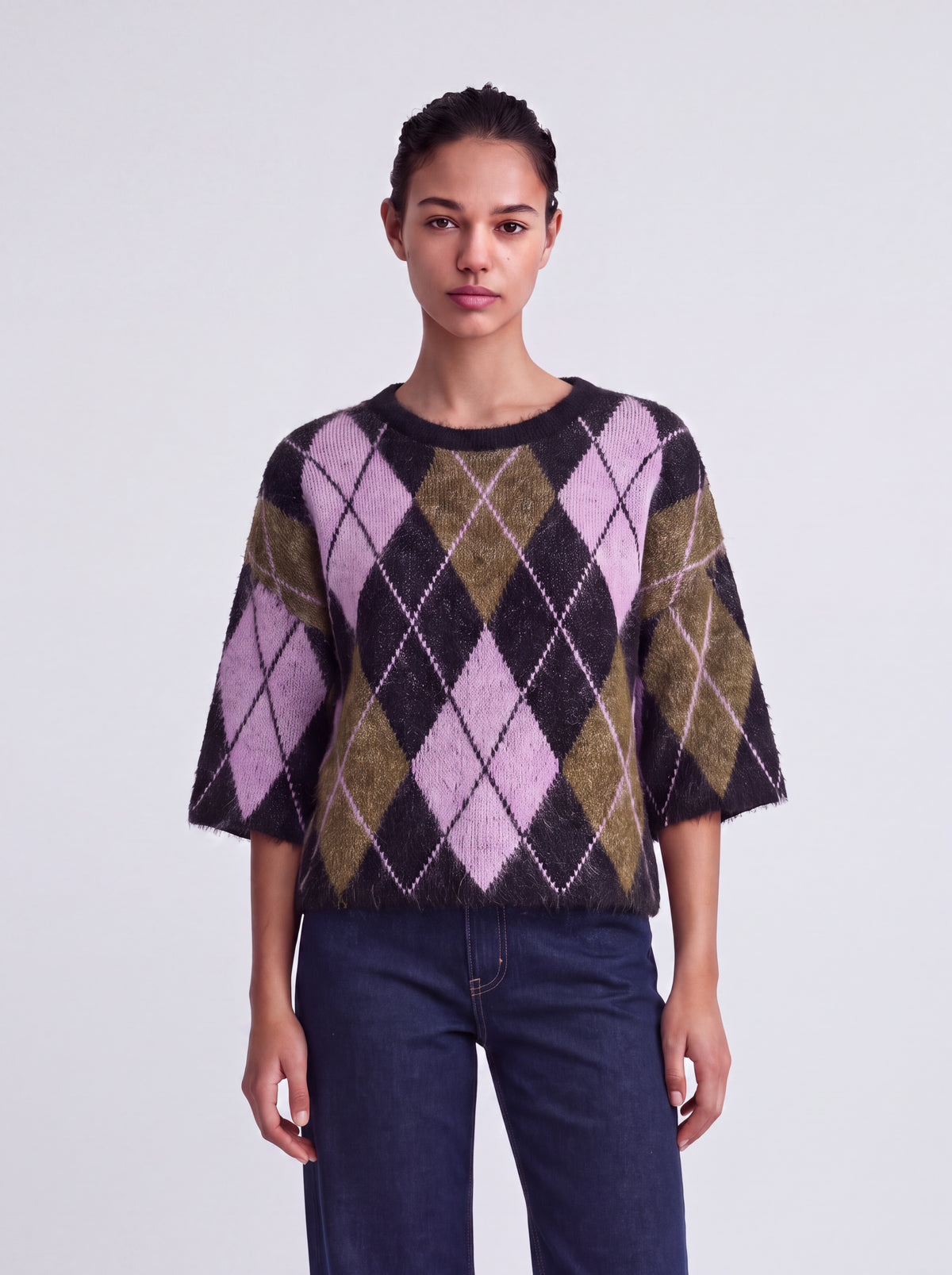 Maglione Only Noeme a Rombi a Manica Corta Viola, Antracite e Verde Oliva