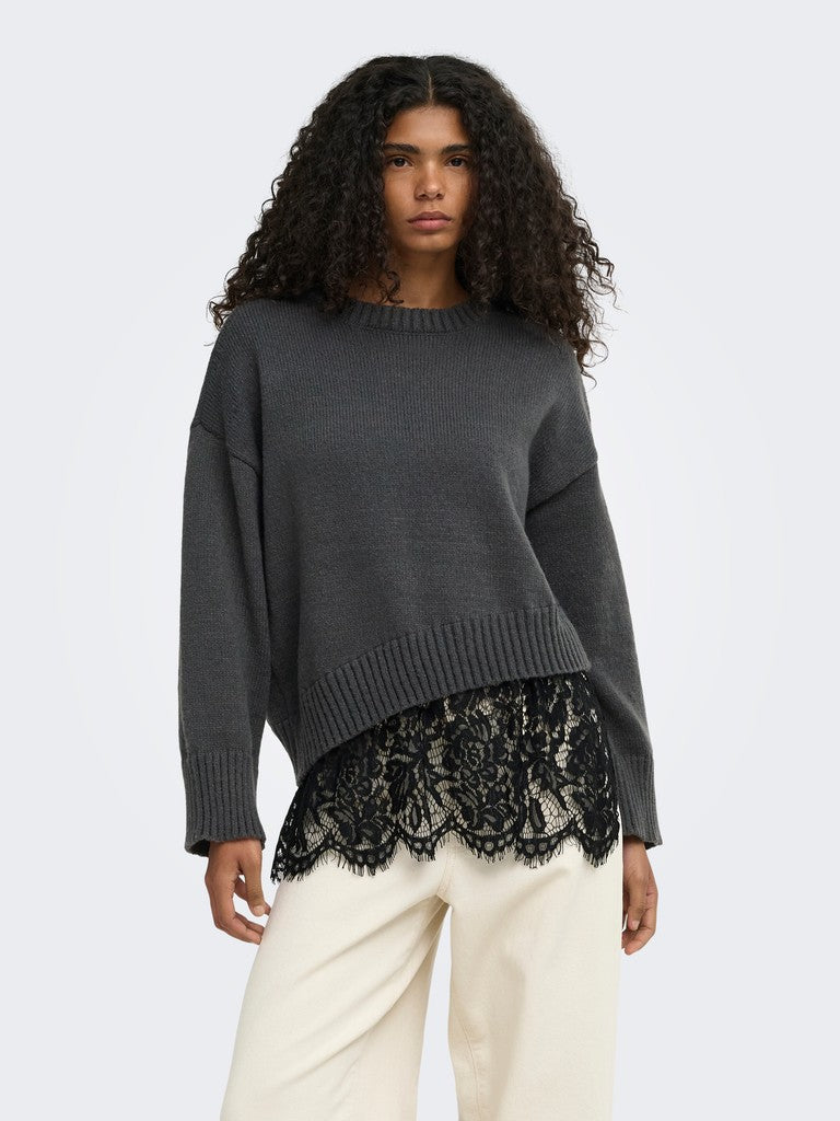 Pullover Only Girocollo Evie Grigio Scuro Con Dettaglio In Pizzo