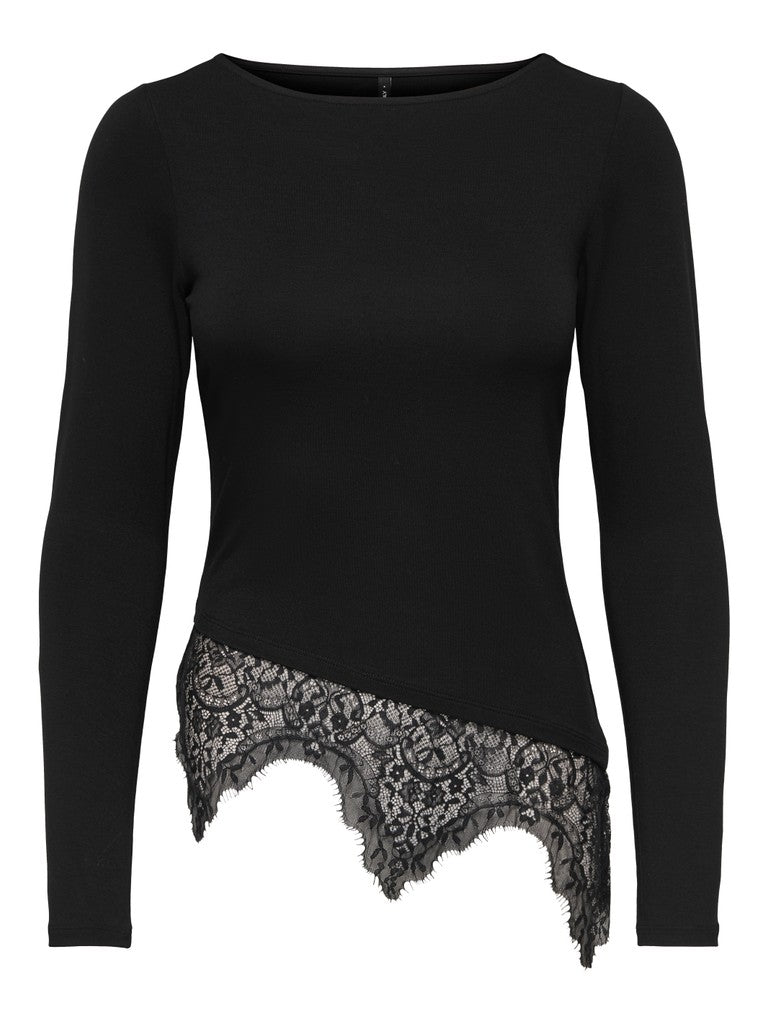 T-shirt Nera Laila a Maniche Lunghe con Fondo in Pizzo Asimmetrico