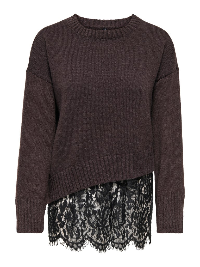 Pullover Only Girocollo Evie Cioccolato Con Dettaglio In Pizzo