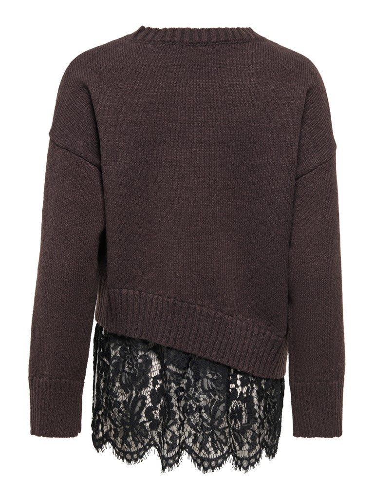 Pullover Only Girocollo Evie Cioccolato Con Dettaglio In Pizzo