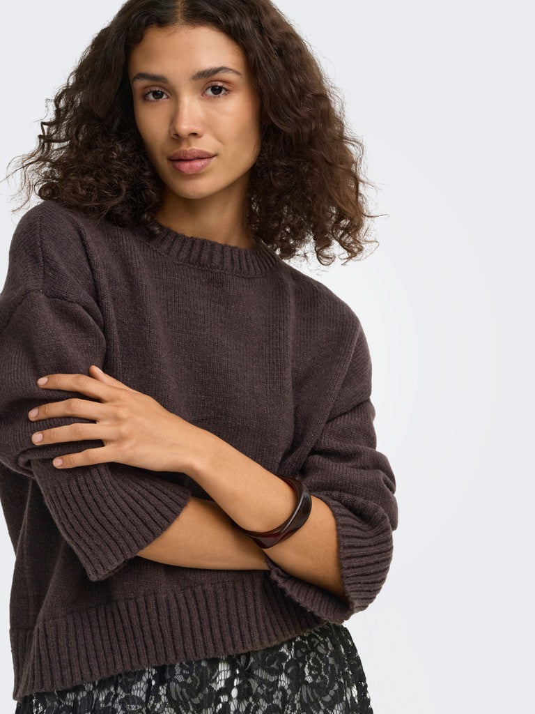 Pullover Only Girocollo Evie Cioccolato Con Dettaglio In Pizzo