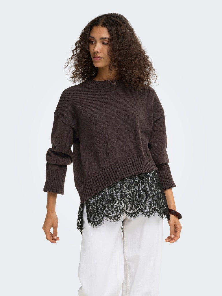Pullover Only Girocollo Evie Cioccolato Con Dettaglio In Pizzo