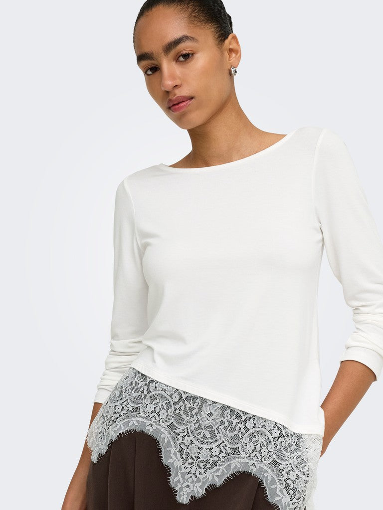 T-shirt Bianca Laila a Maniche Lunghe con Fondo in Pizzo Asimmetrico