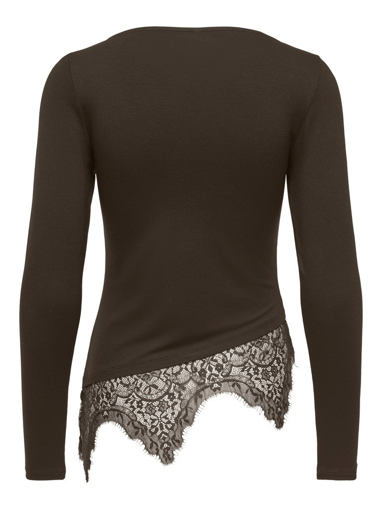 T-shirt Marrone Laila a Maniche Lunghe con Fondo in Pizzo Asimmetrico