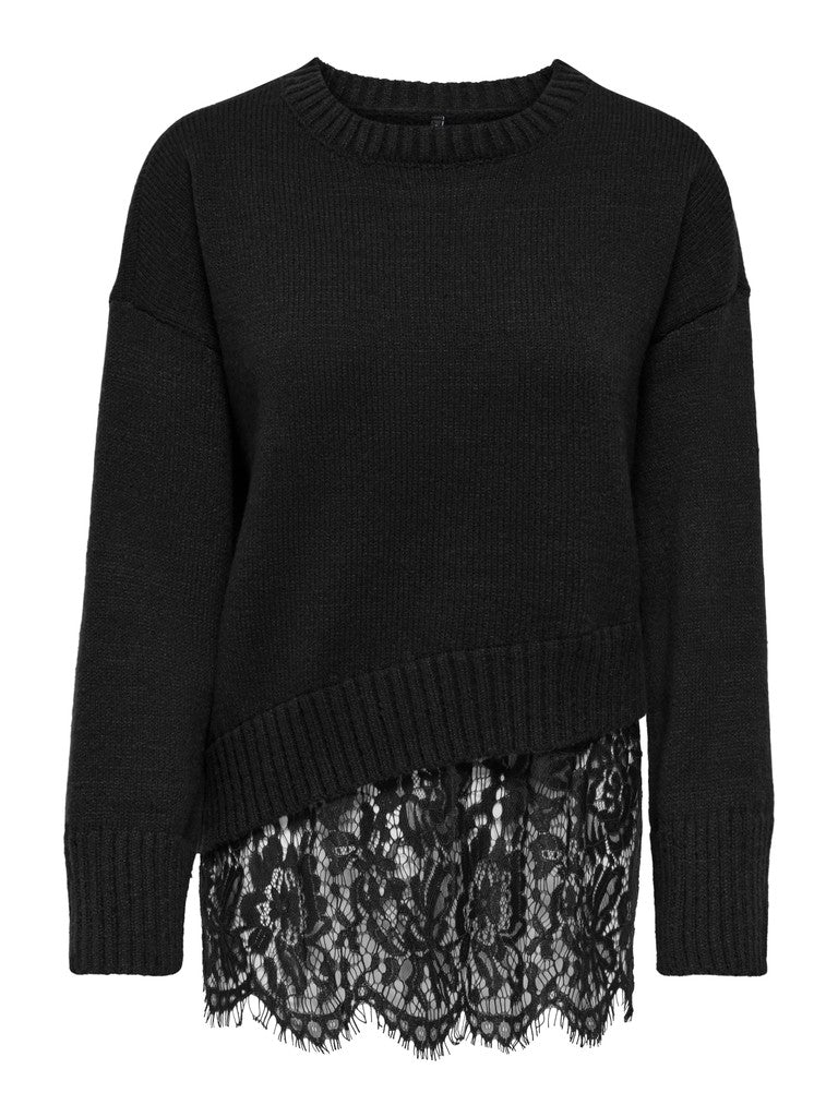 Pullover Only Girocollo Evie Nero Con Dettaglio In Pizzo