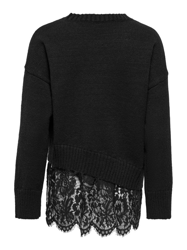 Pullover Only Girocollo Evie Nero Con Dettaglio In Pizzo