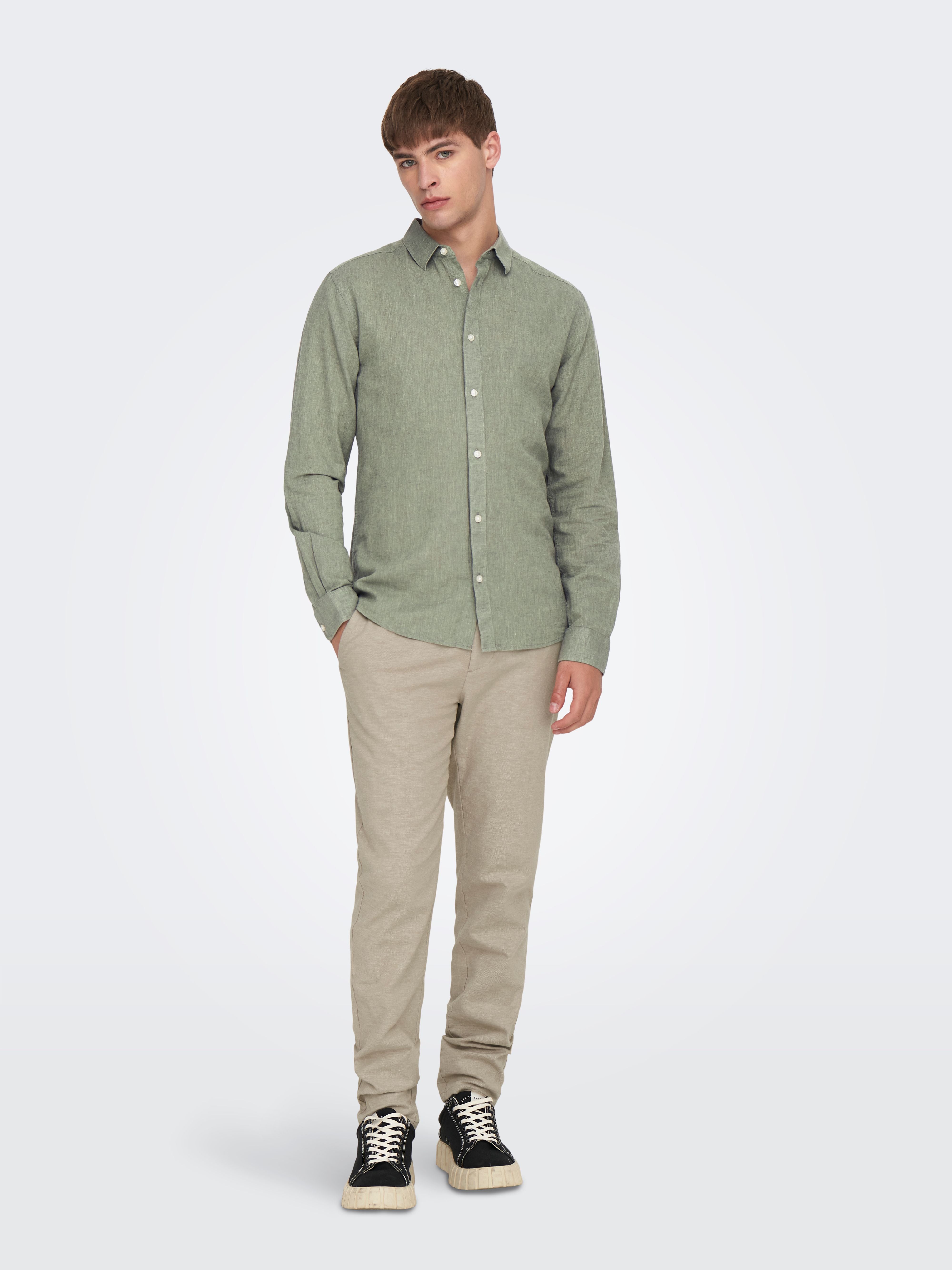 Camicia Caiden Misto Lino Verde Salvia con Colletto