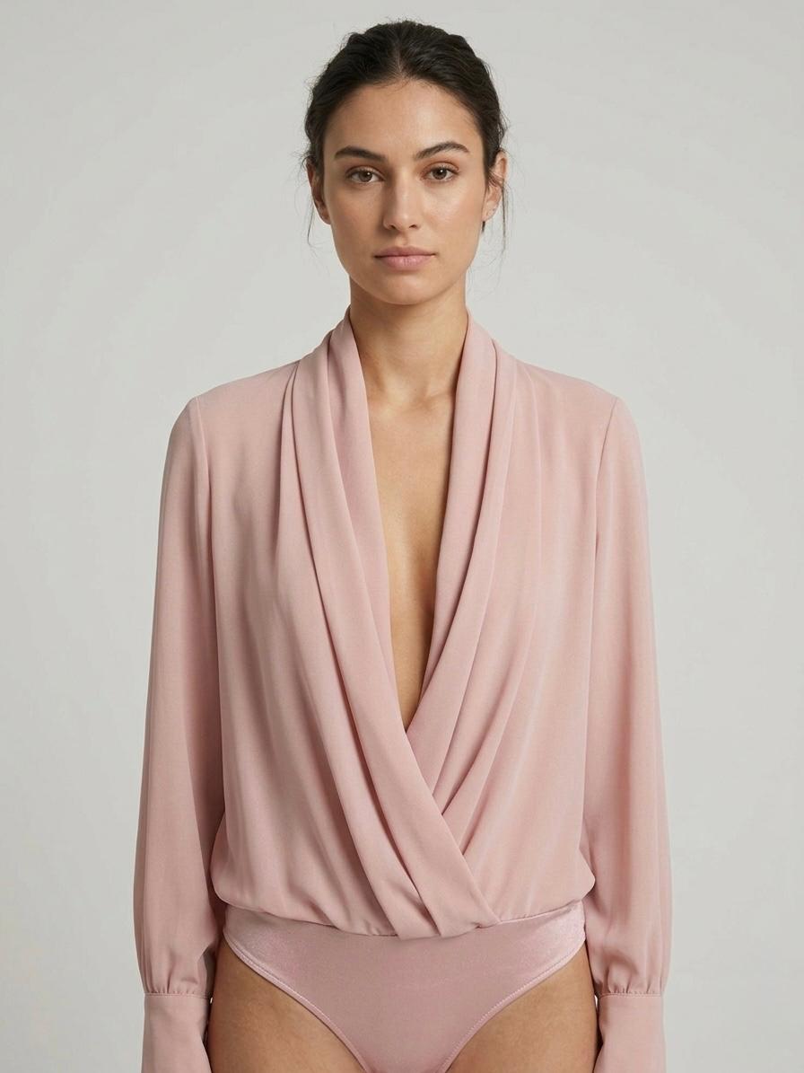 Blusa Body in Chiffon con Scollo a Incrocio Rosa Cipria