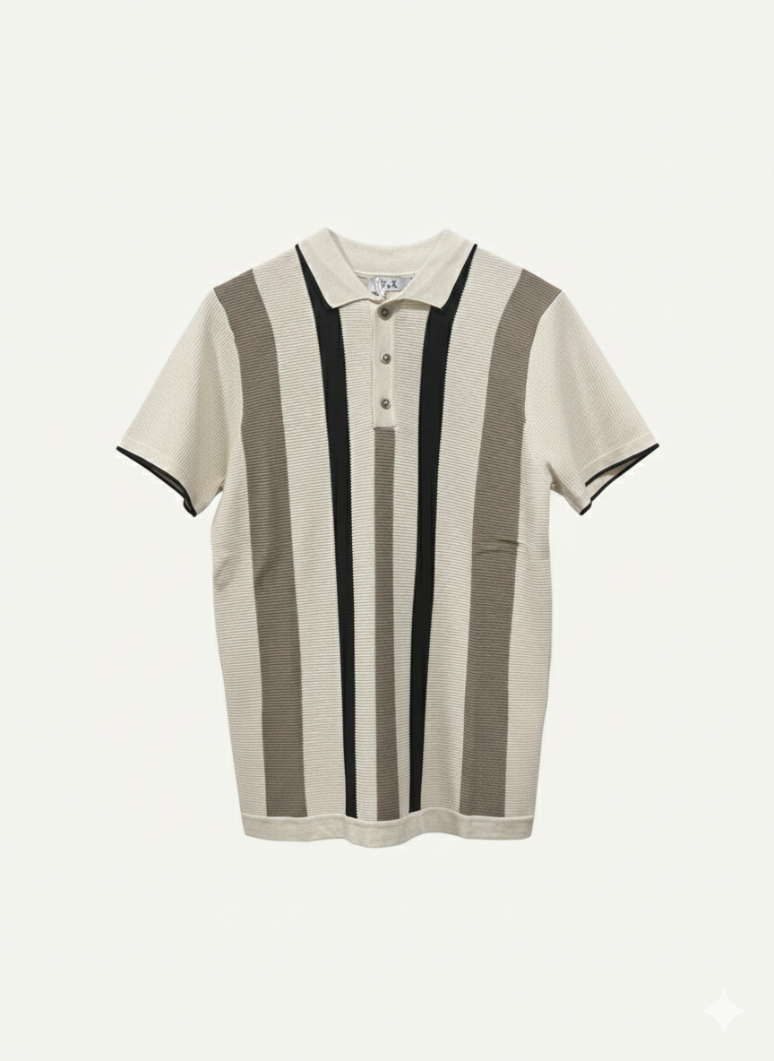 Polo in Maglia a Righe Verticali Beige Black