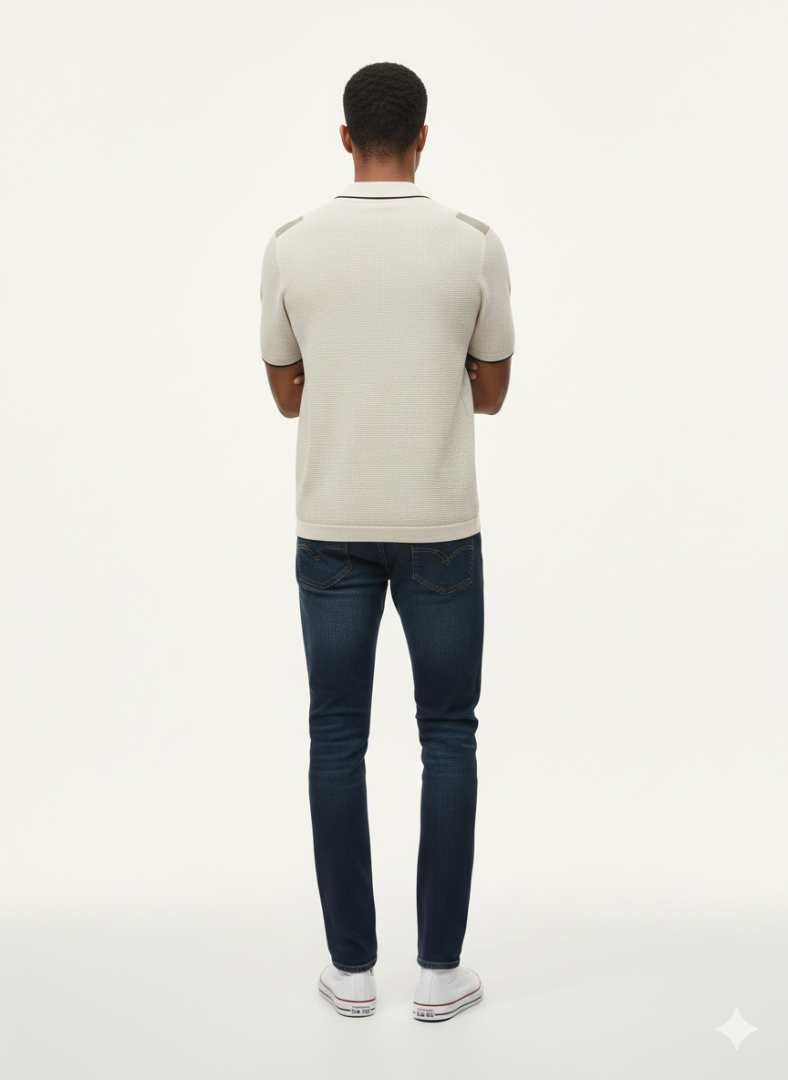 Polo in Maglia a Righe Verticali Beige Black