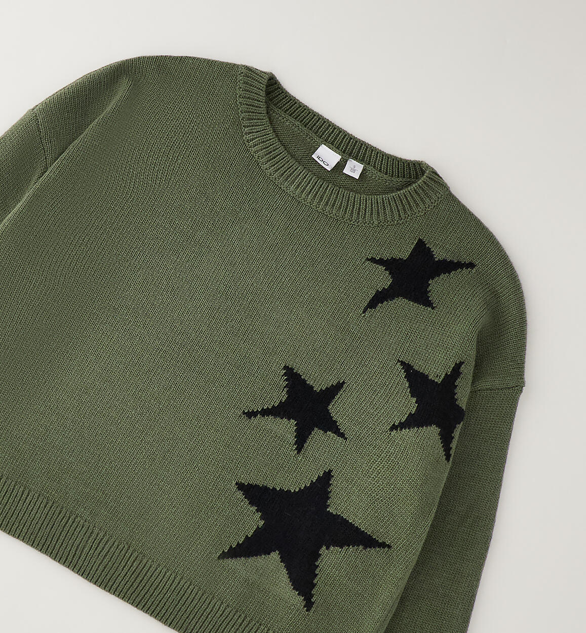 Maglione Verde Militare Crop con Stelle Nere