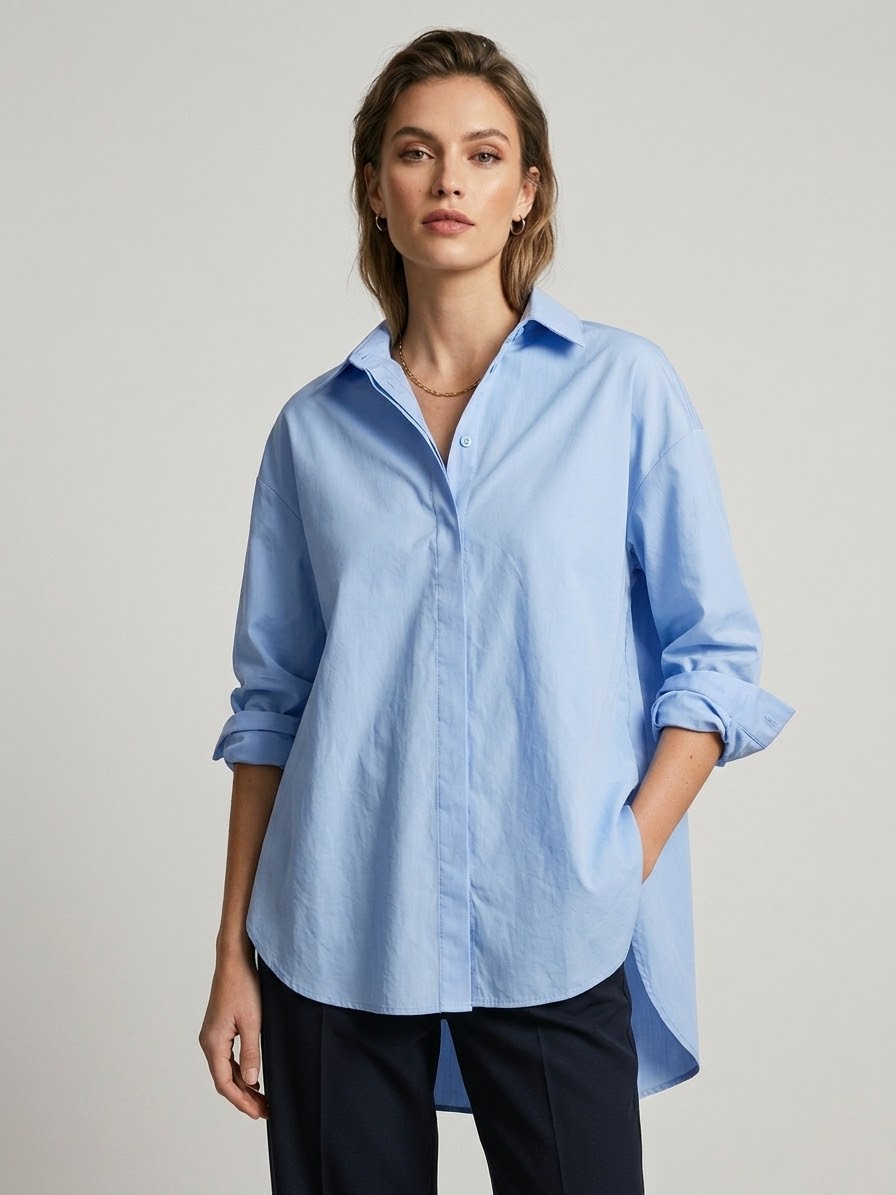 Camicia Longline Over Donna Ginevra in Cotone Popelin Azzurro Sky