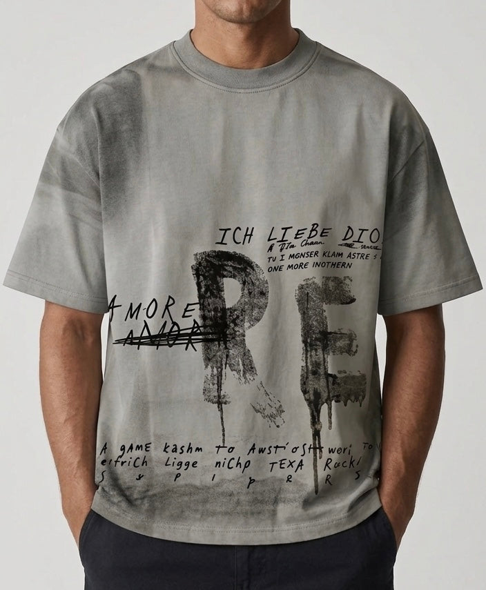 T-Shirt Uomo City Boxy Fit in 100% Cotone Grigio lavato con Grafica Street Art