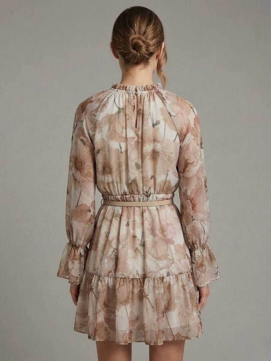 Abito Corto Floreale Chiffon terra con cinturina