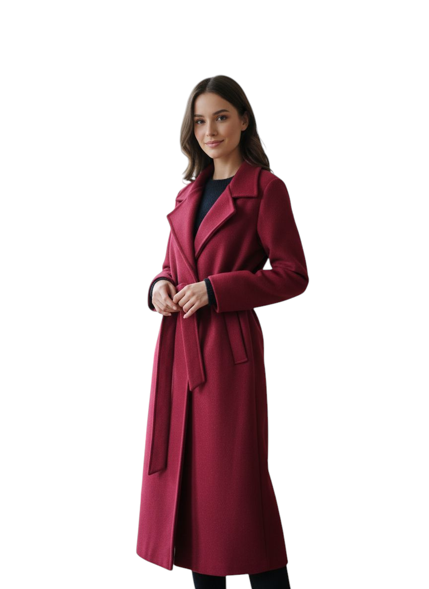 Cappotto lungo Mira bordeaux con cintura