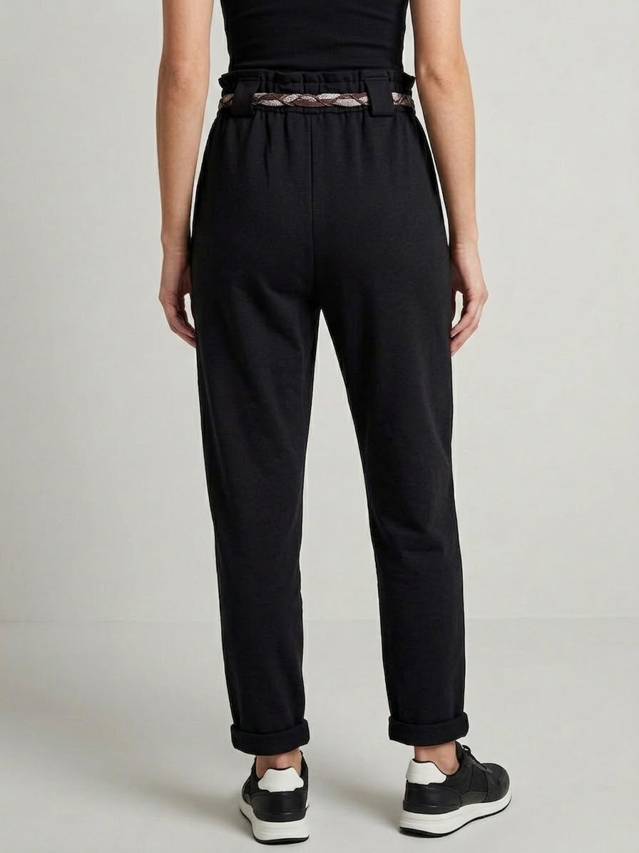 Pantaloni Neri Donna in Cotone garzatoElasticizzato con Cintura a Cordoncino