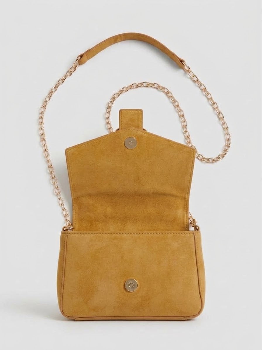 Borsa a Tracolla Amelie Senape in Effetto Camoscio con Fibbia e Catena Dorata