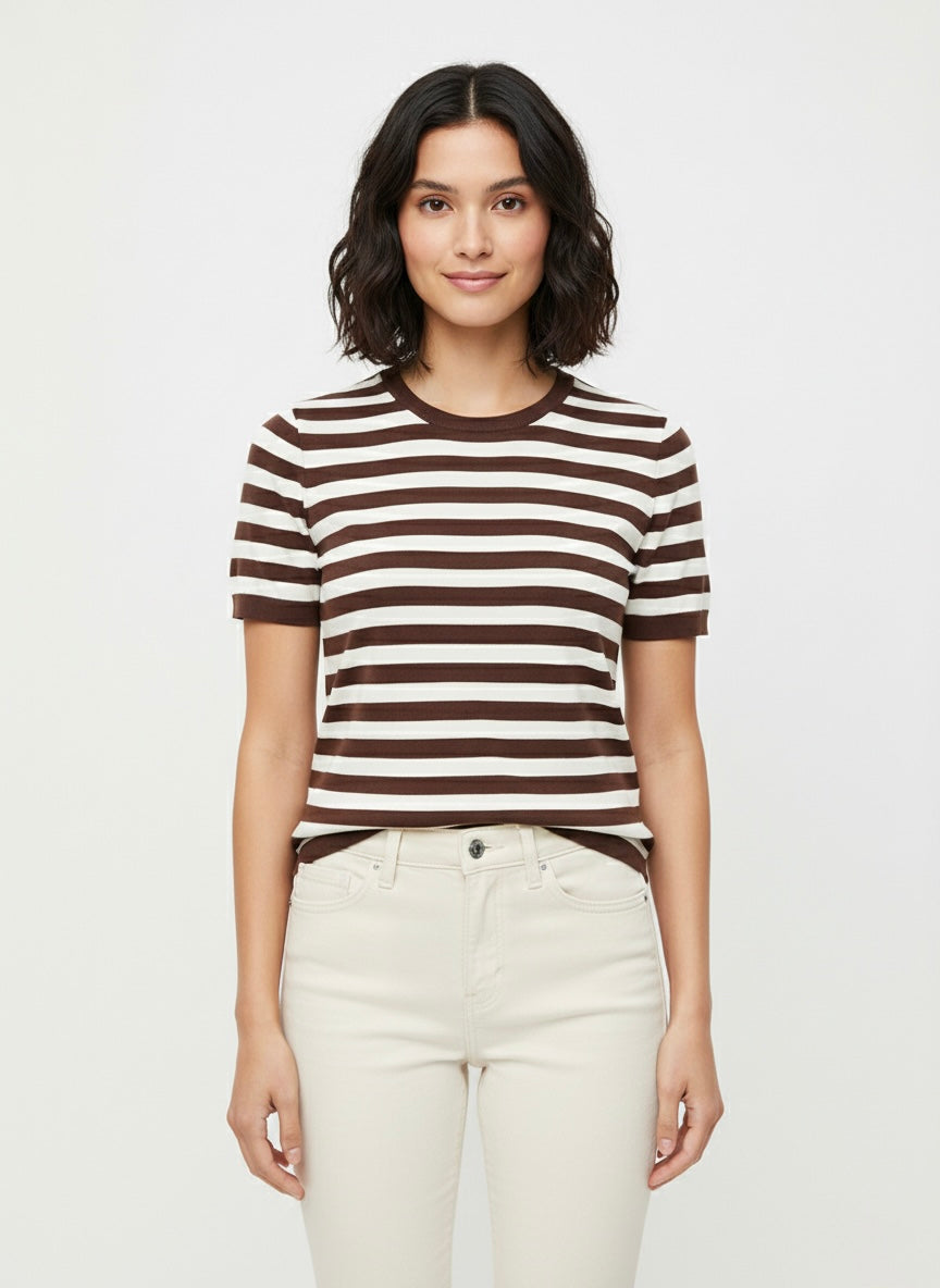 T-shirt Mery a righe in maglina cioccolato panna