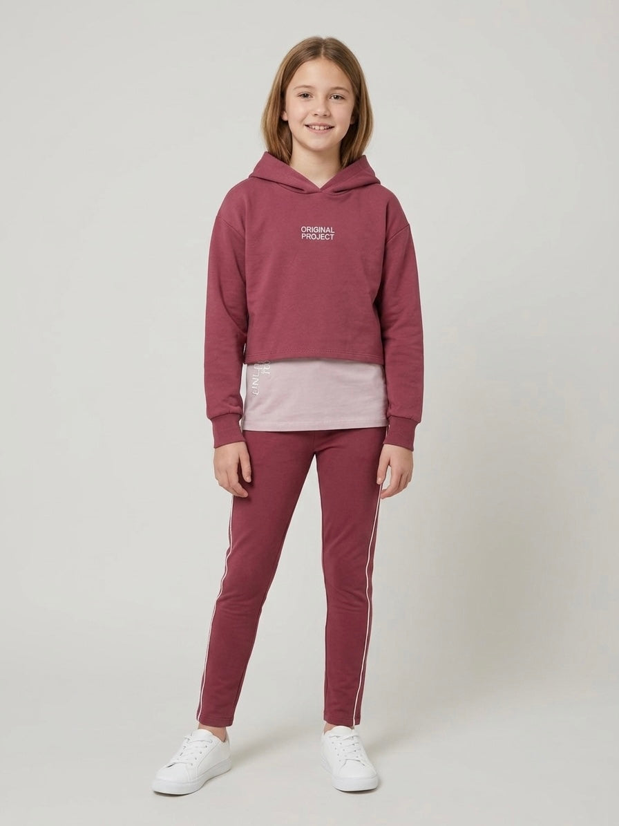 Completo Felpato con Felpa Crop e Leggings Bordeaux e Rosa