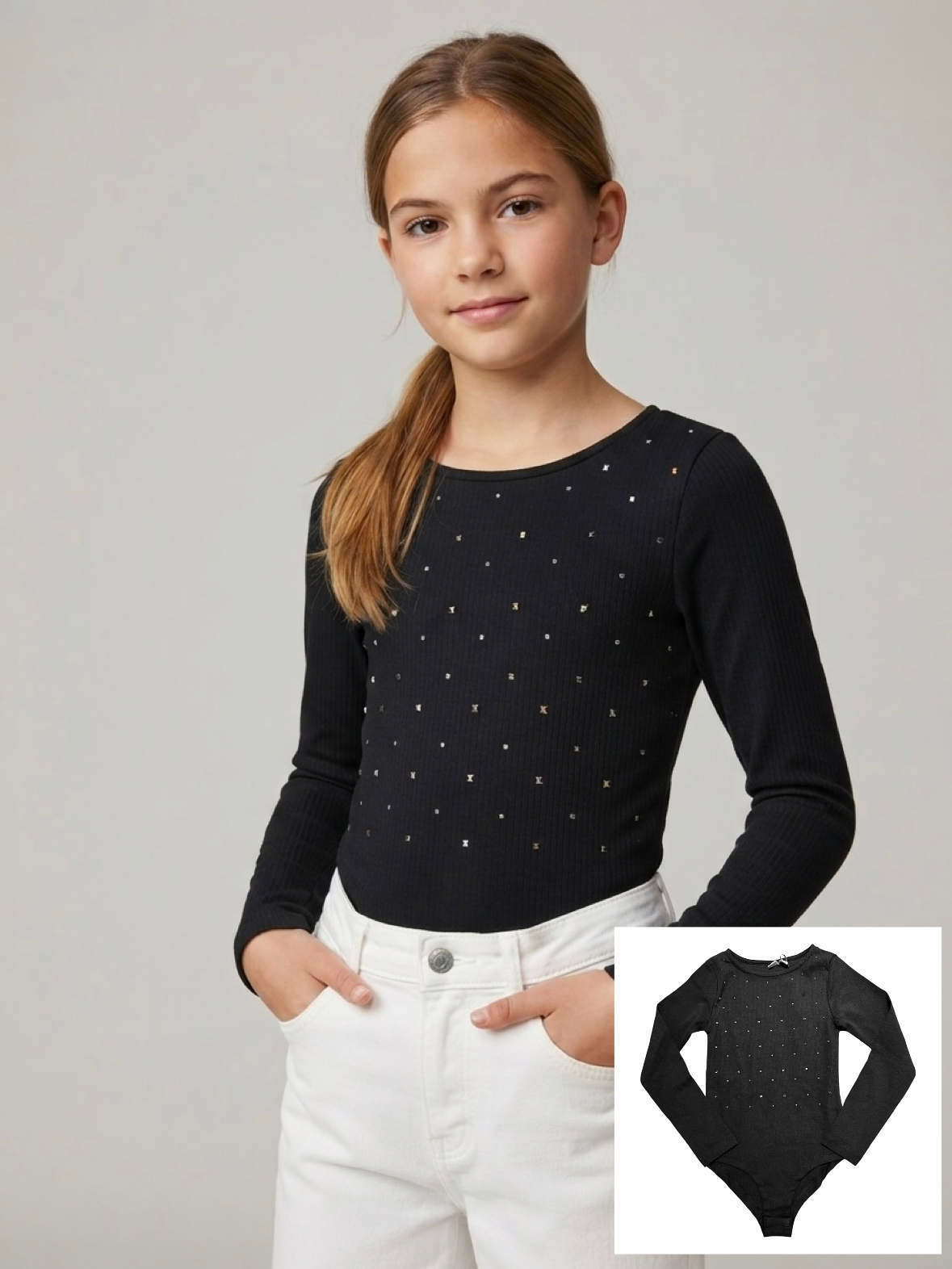 Body da Ragazza Nero a Costine – Manica Lunga con Strass e Micro Borchiette