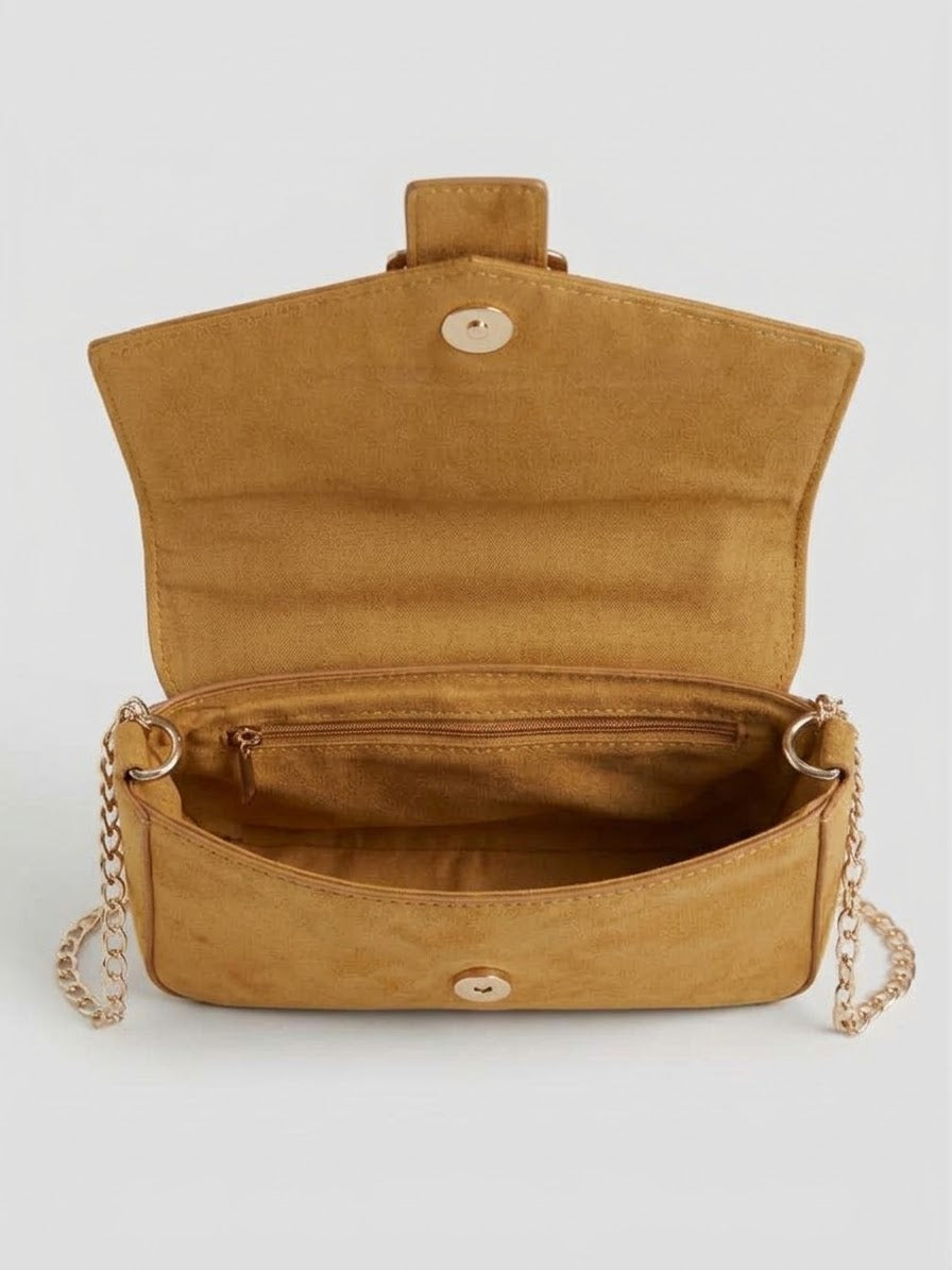 Borsa a Tracolla Amelie Senape in Effetto Camoscio con Fibbia e Catena Dorata
