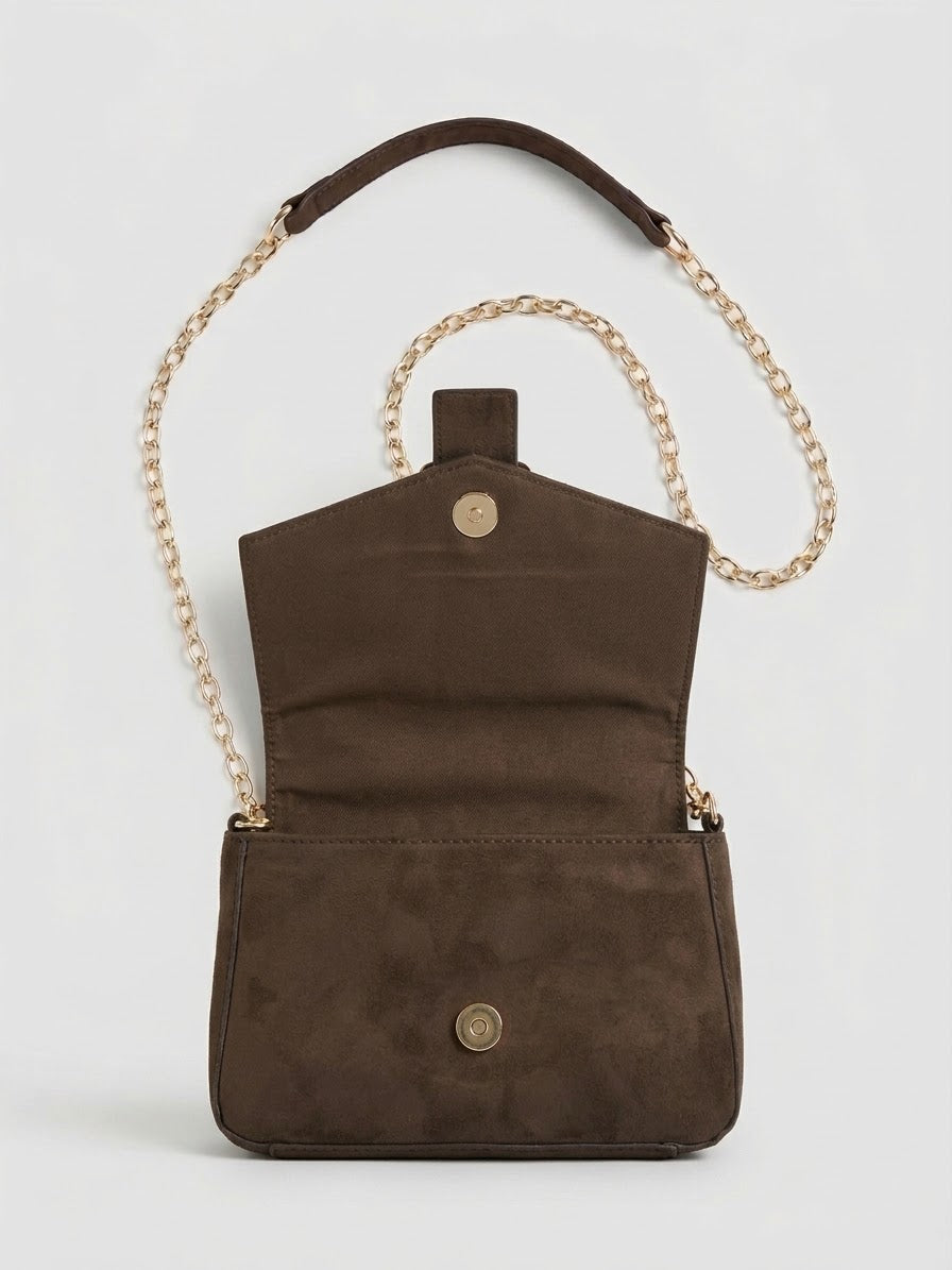 Borsa a Tracolla Amelie Moro in Effetto Camoscio con Fibbia e Catena Dorata