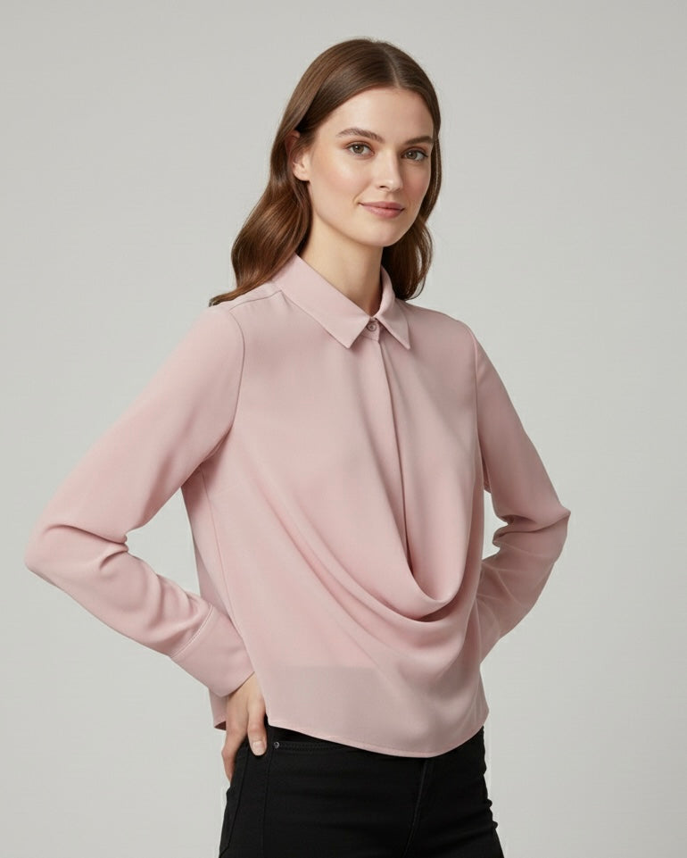 Camicetta Silk-Touch con Scollo a Drappeggio e Taglio Cropped Rosa