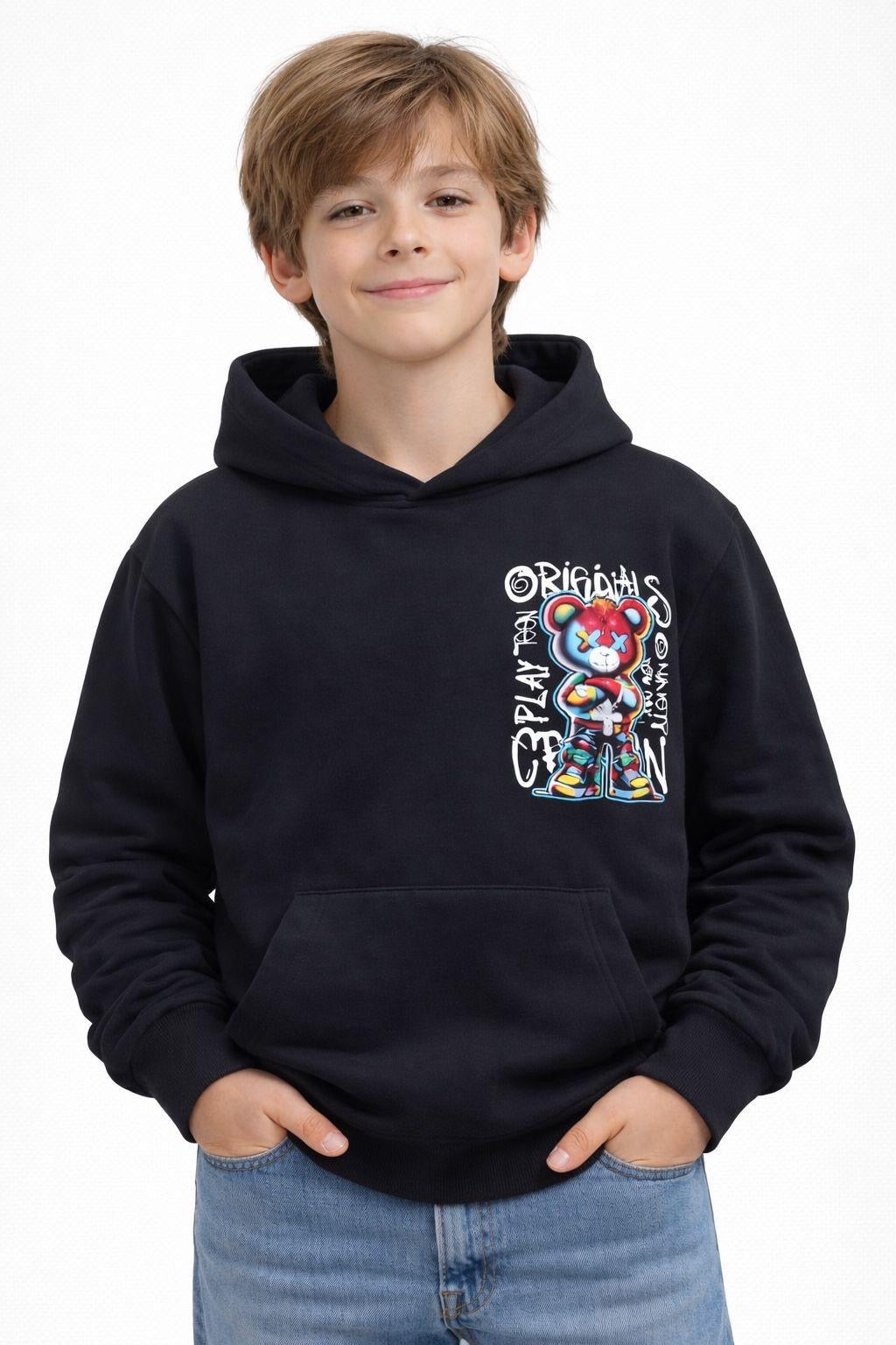 Felpa con Cappuccio Graffiti Bear Urban Streetwear Garzata