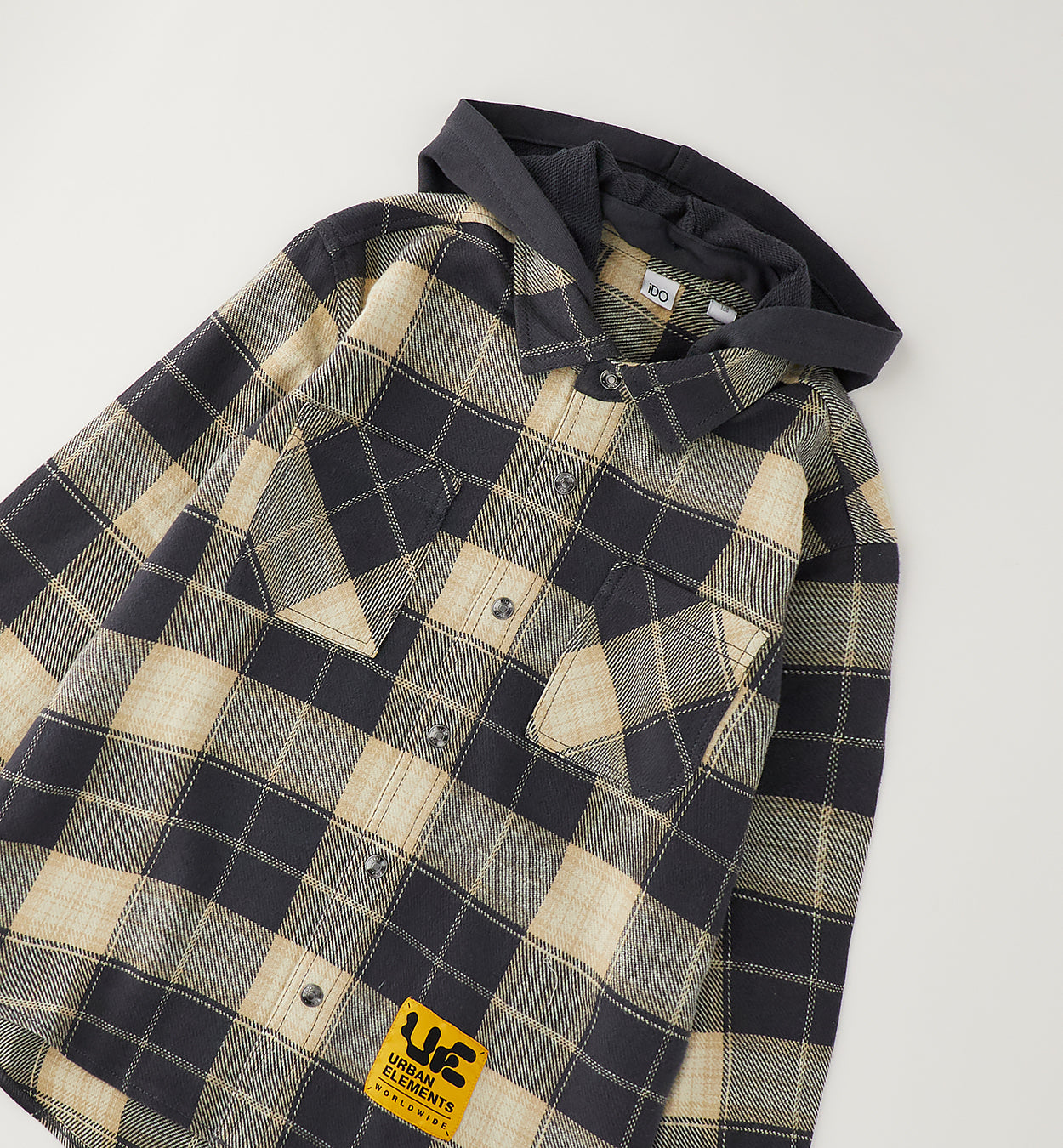 Camicia Oversize con Cappuccio a Quadri Beige e Nera