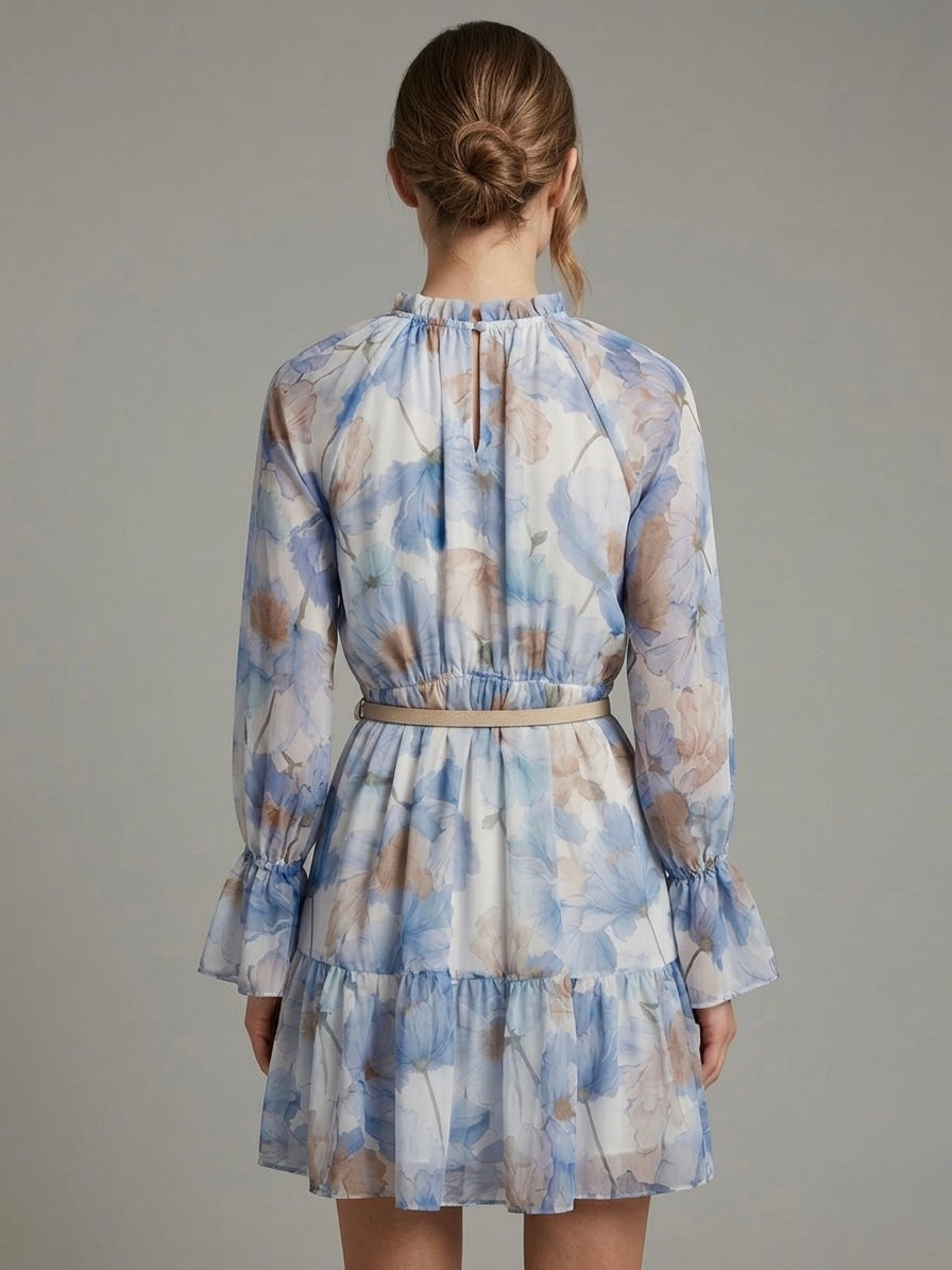 Abito Corto Floreale azzurro in Chiffon con Cinturina