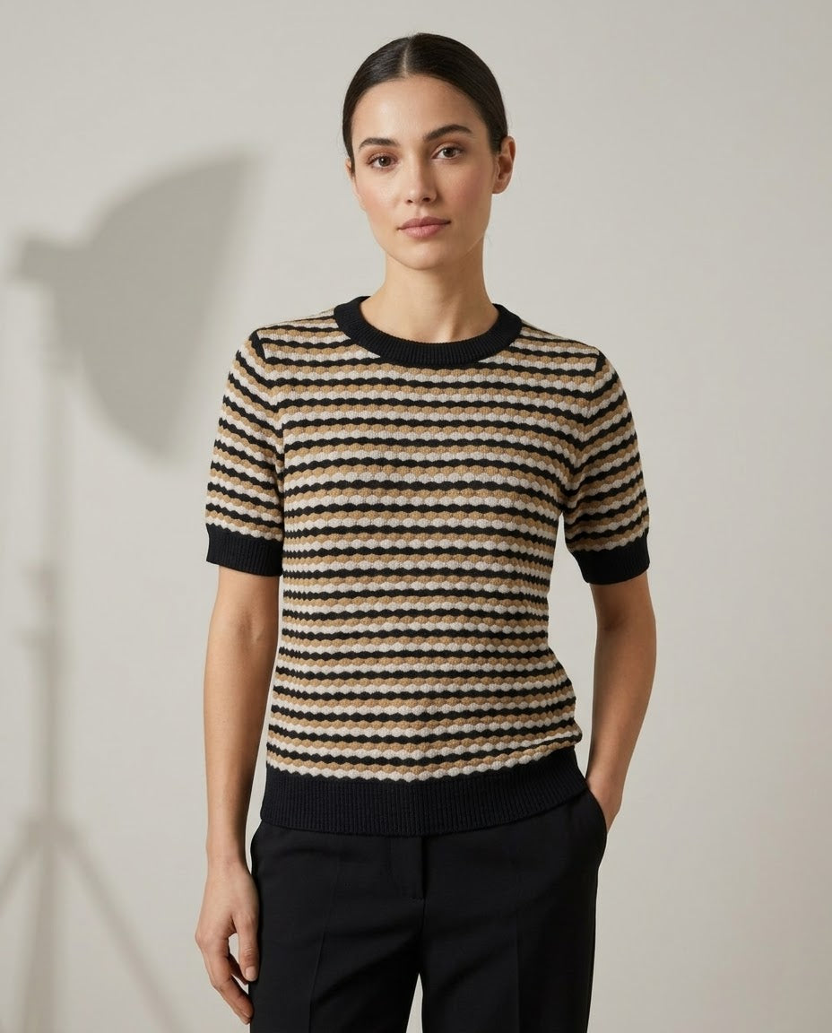 Maglia Mezza Manica A Righe Textured Nives nero panna cammello