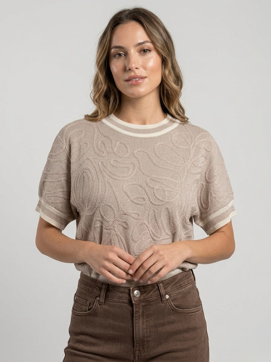 T-shirt in Maglia Lurex con Ricamo a Rilievo
