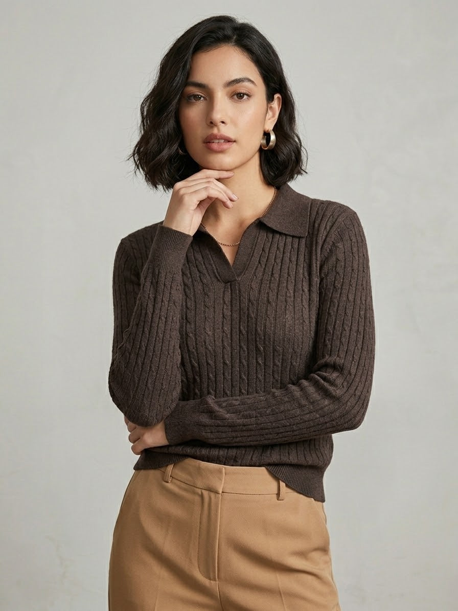 Maglia Polo Donna Giselle in Misto Lana e Viscosa Marrone Cioccolato