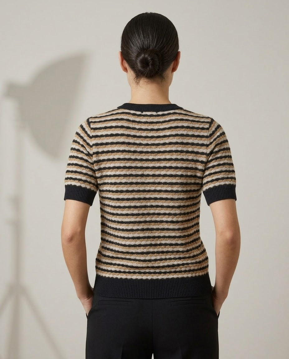 Maglia Mezza Manica A Righe Textured Nives nero panna cammello
