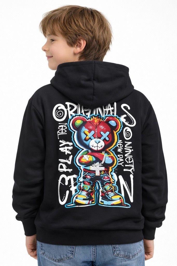 Felpa con Cappuccio Graffiti Bear Urban Streetwear Garzata