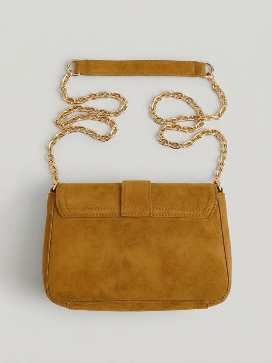 Borsa a Tracolla Amelie Senape in Effetto Camoscio con Fibbia e Catena Dorata