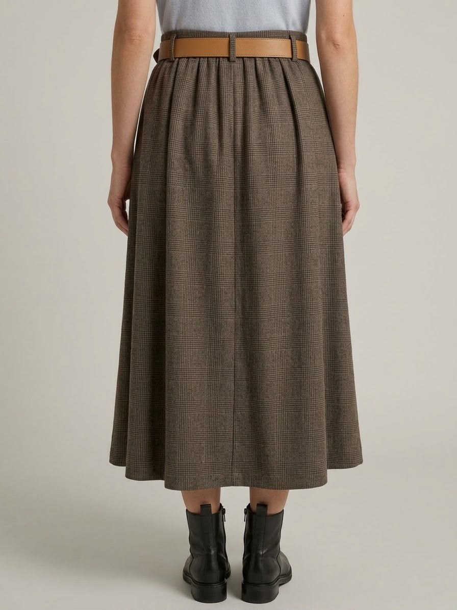 Gonna Midi a Pieghe Camilla Micro-Quadri Marrone con Cintura