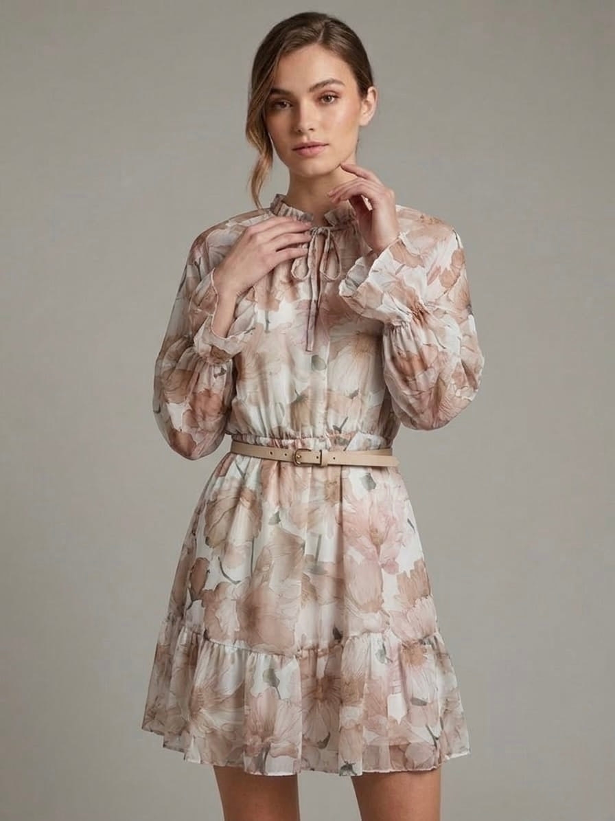 Abito Corto Floreale Chiffon terra con cinturina