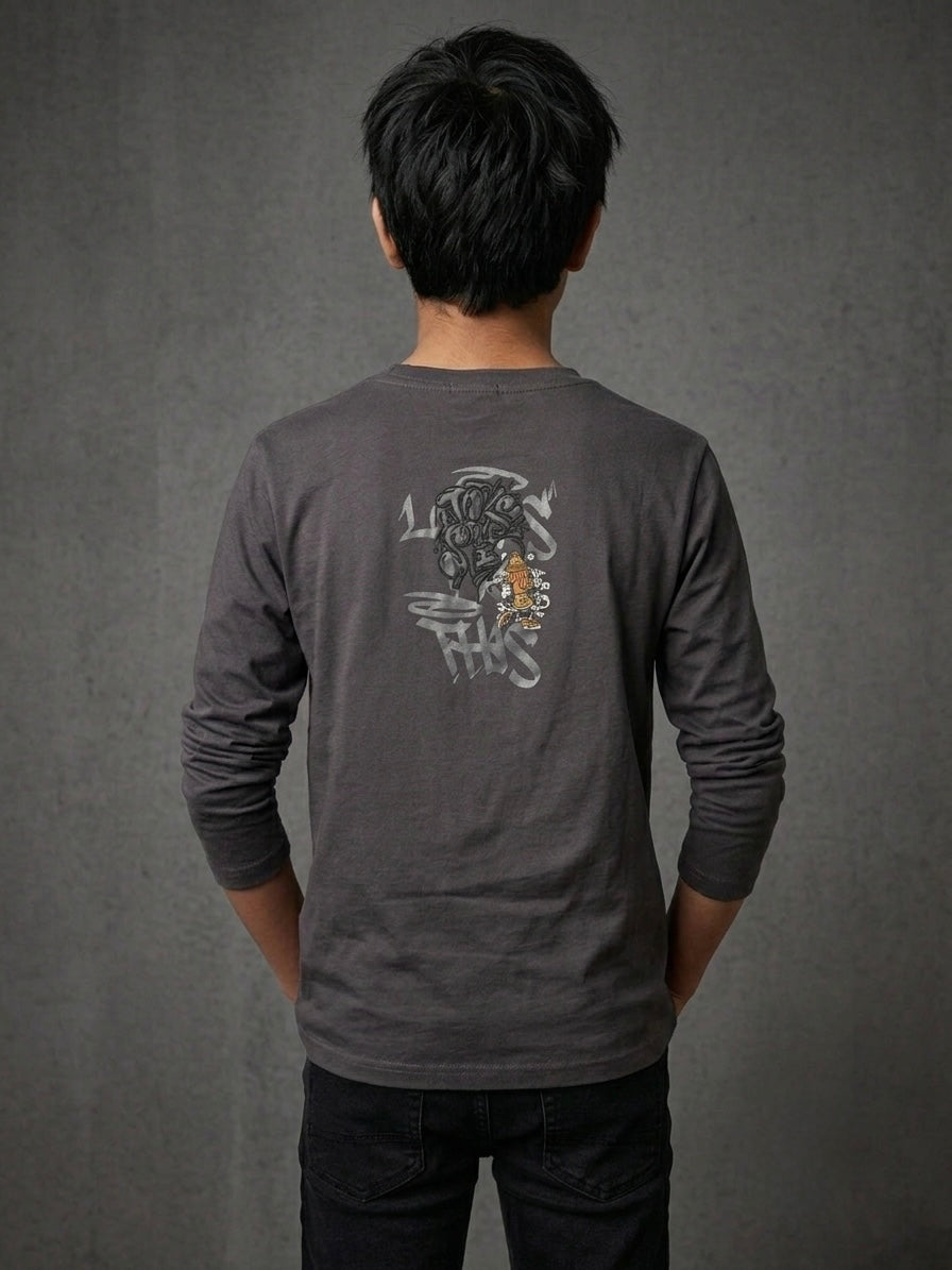 T-shirt Enjoy Manica Lunga da Ragazzo Grigio Antracite in Cotone Elasticizzato