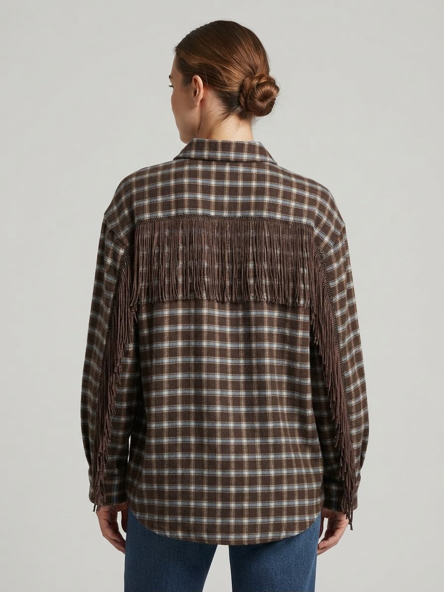 Camicia Donna San Diego Marrone a Quadri con Frange Stile Western